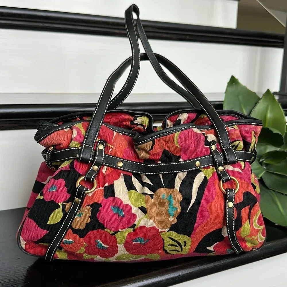 Talbots Canvas Floral Shoulder Bag Purse – Vibrant Colors, Black Trim, Like New - Picture 4 of 8